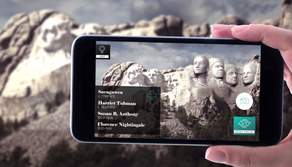 Susan B. Anthony, Florence Nightingale, Harriet Tubman y Sacagawea en el monte Rushmore.
