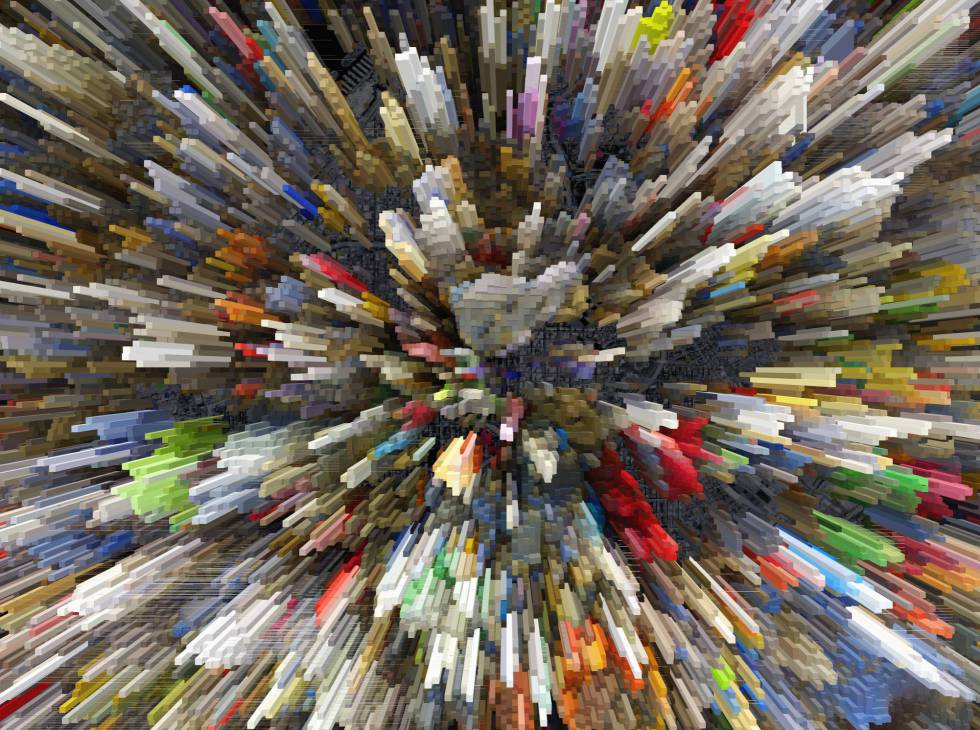 Arte conceptual elaborado con estructuras 3D pixeladas.