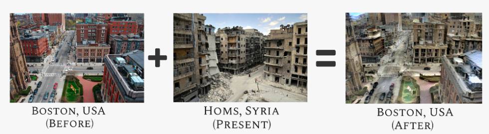Ejemplo de cómo se ha transformado la imagen de la ciudad de Boston (EE UU) a partir de otra de Homs (Siria).