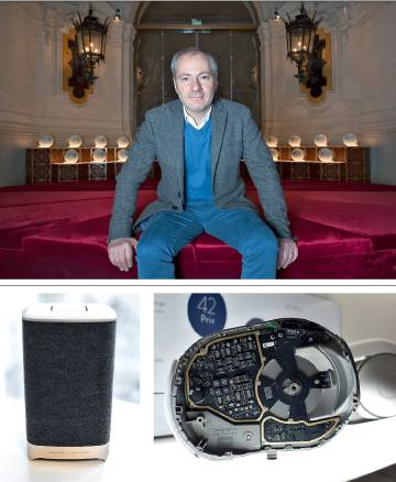 Arriba, Quentin Sannié, CEO de Devialet. Abajo, un Phantom por dentro y el prototipo de home cinema en una pieza que se pondrá a la venta próximamente.