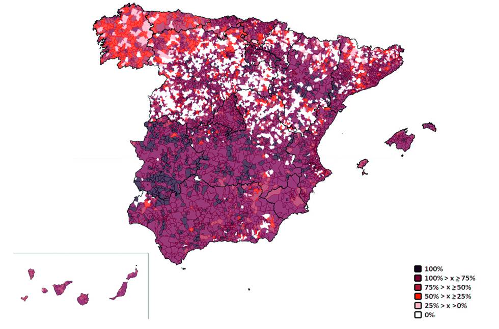 Mapa de Zonas Blancas con una cobertura nula o inferior a 2 Mbps, especialmente visibles en las dos Castillas, pero también en Galicia, Aragón y área pirenaica.