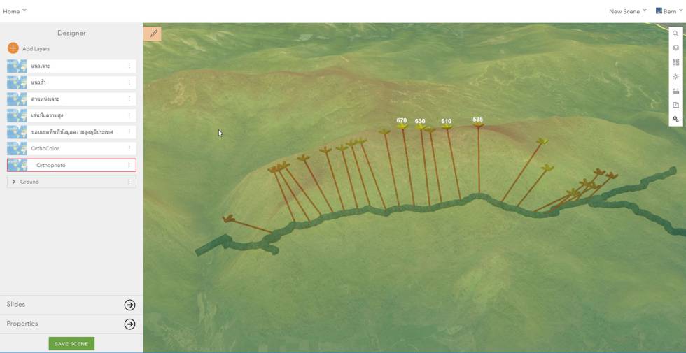 Visualización del modelo general en 3D de la cueva, sobre una superficie con transparencia, para evaluar el potencial de drenaje de las cavidades y visualizar la cueva en relación con la topografía de la superficie.