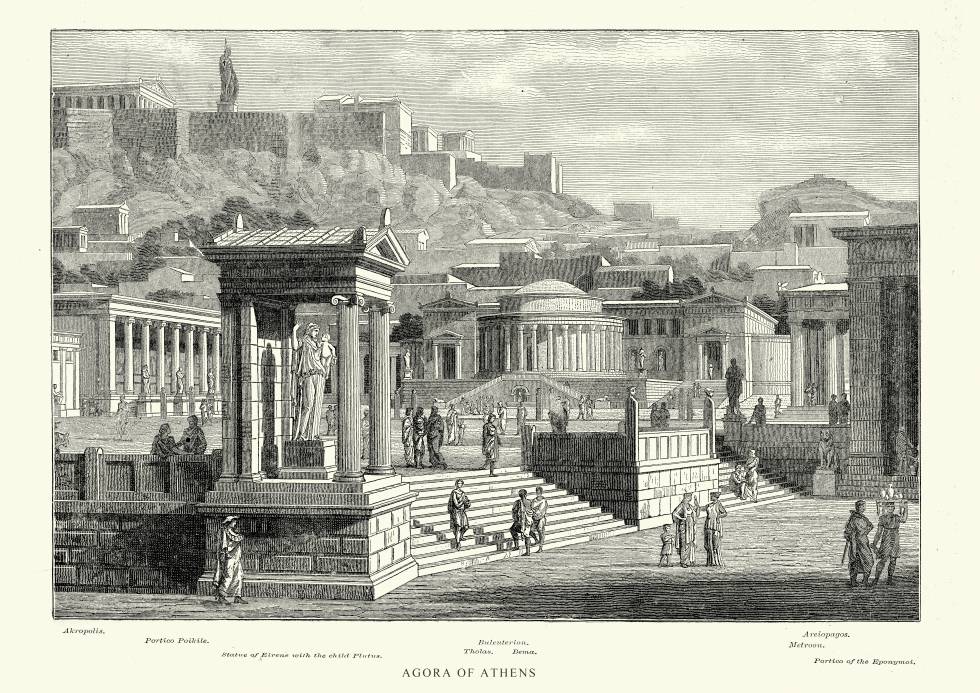 lustración de la antigua Ágora de Atenas, localizada en el noroeste de la Acrópolis. El Ágora era un lugar de encuentro cuyo nombre significaba literalmente