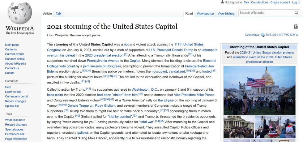 Página del asalto al Capitolio en la edición en inglés de la Wikipedia.