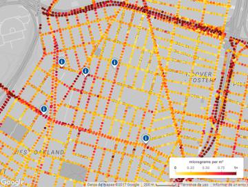 Captura del mapa de polución en Oakland impulsado por Google y EDF