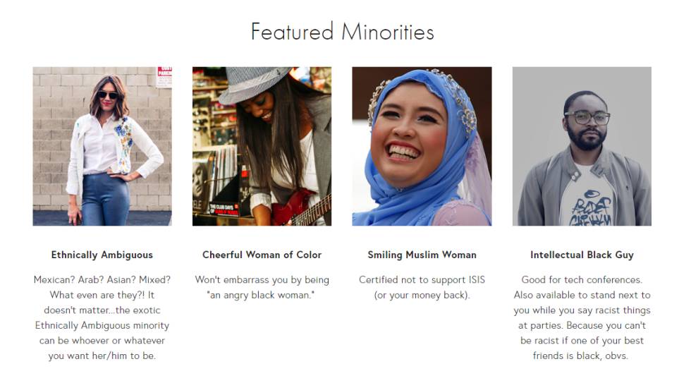 Captura de pantalla de la web Rent-A-Minority en la que figuran algunos de los perfiles que, supuestamente, se pueden contratar. En el apartado de FAQs se indica que todo el contenido del site es satírico.