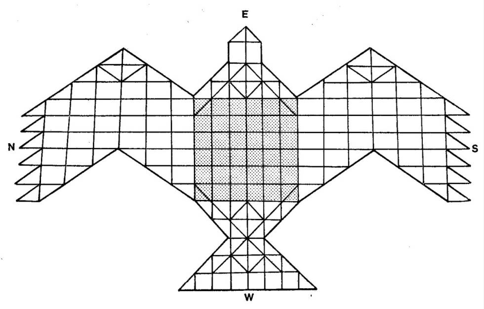 Diagrama del altar del Agnicayana, con forma de ave, registrado por el profesor Frits Staal, estudioso de los rituales védicos