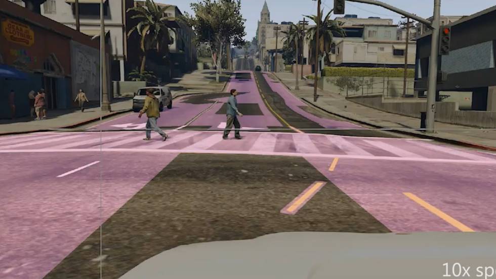 Captura de pantalla de una de las simulaciones utilizadas con el videojuego Grand Theft Auto V para el entrenamiento de IA en coches autónomos